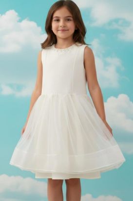 صورة فستان بيج نفاش أنيق مع الؤلؤ على العنق